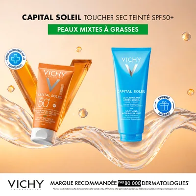 Vichy Capital Soleil Émulsion Toucher Sec SPF50 Peau Sens Mixte À Gras Teintée = Apres-soleil 100ml Offerte
