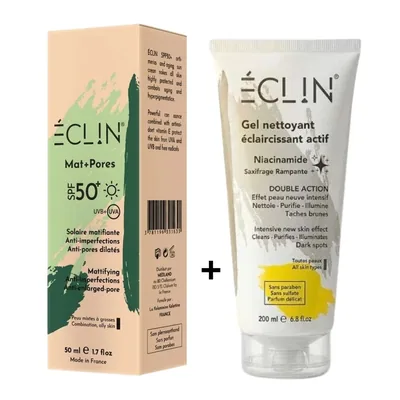 🎁 PACK 🎁 – ECLIN – Ecran Solaire Matifiante+Pores Spf50 + Gel Nettoyant 50ml Pack