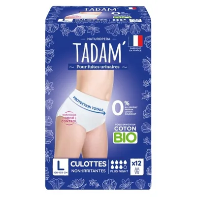 TADAM’ – Fuites Urinaires Culottes Non-Irritantes Bio – Plus Night 100-135cm Taille L – 12u