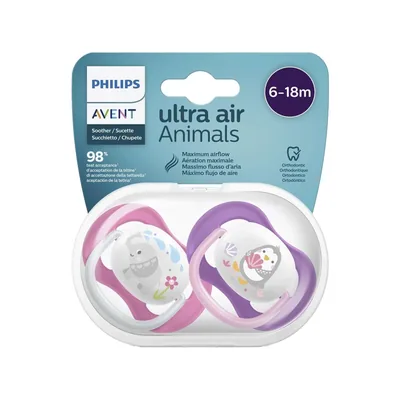 AVENT Ultra Air Animals Soothers - Sucettes orthodontiques aération maximale bébé fille - Lot de 2 (6 à <18 Mois)